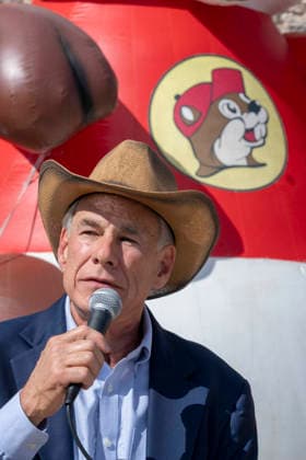August 12, 2026, San Marcos, Tx, United States: Texas Governor GREG ABBOTT dons a cowboy hat as he speaks during the opening of another 76,000 square foot Buc-ee s convenience store in San Marcos, Texas on August 12, 2026. The store features beaver-themed merchandise, lots of food choices and 124 gas pumps. San Marcos United States  - ZUMAd150 20260812_znp_d150_010 Copyright: xBobxDaemmrichx