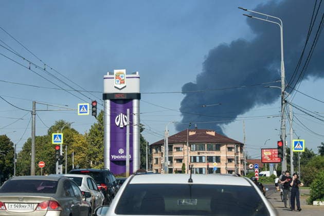RUSSIA, KRASNODAR REGION - AUGUST 12, 2026: Smoke billows over a warehouse storing plastic products, hit by fire in the village of Lenina, southeast of Krasnodar. The fire covering an area of 2.2 thousand sq m has been contained. Roman Sokolov TASS  96069782