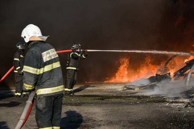 RUSSIA, KRASNODAR REGION - AUGUST 12, 2026: Employees of the Russian Emergencies Minsitry respond to a fire at a warehouse storing plastic products in the village of Lenina, southeast of Krasnodar. The fire covering an area of 2.2 thousand sq m has been contained Russia  - ZUMAt113 20260812_zaa_t113_359 Copyright: xRomanxSokolovx