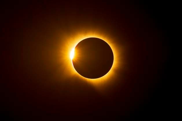 Total solar eclipse in Spain™s Palencia Province, sun covered by moon during totality. Becerril de Campos Palencia Spain
