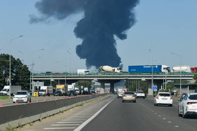 RUSSIA, KRASNODAR REGION - AUGUST 12, 2026: Smoke billows over a warehouse storing plastic products, hit by fire in the village of Lenina, southeast of Krasnodar. The fire covering an area of 2.2 thousand sq m has been contained Russia  - ZUMAt113 20260812_zaa_t113_371 Copyright: xRomanxSokolovx