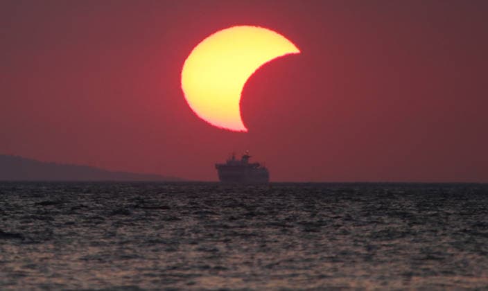 Solar eclipse in Croatia The moon partially covers the sun over the sea during a solar eclipse in Vela Luka , Croatia, August 12, 2026  IgorxSoban PIXSELL