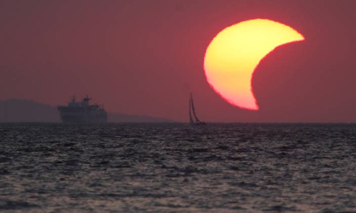 Solar eclipse in Croatia The moon partially covers the sun over the sea during a solar eclipse in Vela Luka , Croatia, August 12, 2026  IgorxSoban PIXSELL