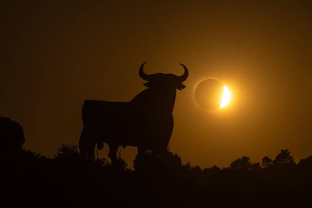 Zaragoza Observes the 2026 Total Solar Eclipse The Osborne Bull in Calatayud during the 2026 total solar eclipse, on August 12, 2026, in Zaragoza, Aragon, Spain. This is the first total solar eclipse visible from the Iberian Peninsula in over a century. The path of totality crosses Spain from west to east and passes through numerous provincial capitals, from which observers will be able to catch a glimpse of the first event in the so-called trio of eclipses, since on August 2, 2027, another total eclipse will cross Spain, and on January 26, 2028, an annular eclipse will occur. Jesús Hellí, Spain  Copyright: xJesusxHellinx 7711688