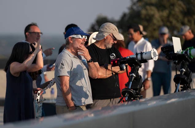 The Yebes Guadalajara Observatory Will Be the Official Observation Site for the 2026 Total Solar Eclipse. File photo: Several people looking up at the sky during the official observation of the total solar eclipse at the Yebes Observatory on August 12, 2026, in Yebes, Guadalajara, Castilla-La Mancha, Spain. This is the first total solar eclipse visible from the Iberian Peninsula in over a century. The path of totality crosses Spain from west to east and passes through numerous provincial capitals, from which the first event of the so-called trio of eclipses will be visible, since on August 2, 2027, another total eclipse will cross Spain, and on January 26, 2028, an annular eclipse will occur. Yebes, SPAIN Yebes, SPAIN Spain  Copyright: xAlbertoxOrtegax 7712164