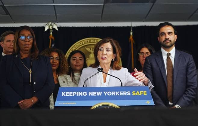 New York officials make an announcement standing up to federal ICE overreach NEW YORK, UNITED STATES- AUGUST 12, 2026: New York Governor Kathy Hochul, speaks at a press conference to announce new state actions and $7.25 million in emergency legal defense funding to counter federal ICE overreach and assist vulnerable immigrant families on Wednesday, August 12, 2026, in New York City, U.S. Selcuk Acar Anadolu New York United States. Editorial use only. Please get in touch for any other usage.  Copyright: x2026xAnadoluxSelcukxAcarx