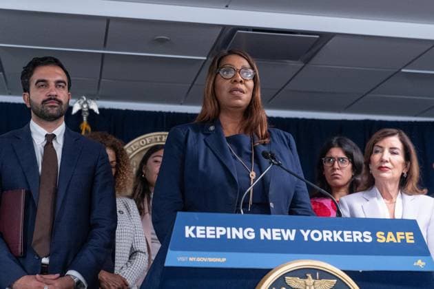 August 12, 2026, New York, New York, USA: Attorney General Letitia James speaks during joint press briefing with Mayor Zohran Mamdani, Governor Kathy Hochul and elected officials and activists standing up to Federal ICE overreach at Governor s office in New York, NY on August 12, 2026. New York USA - ZUMAr339 20260812_znp_r339_030 Copyright: xLevxRadinx