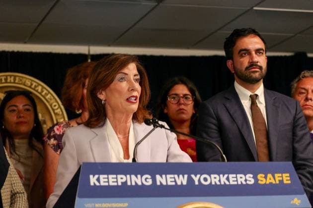 New York, NY- August 12: Governor Kathy Hochul, Mayor Zohran Kwame Mamdani and Attorney General Letitia James make an announcement standing up to federal ICE overreach on August 12 2026 Credit: AdMedia USA - ZUMAa123 20260812_zaa_a123_097 Copyright: xCamaraxPorterx