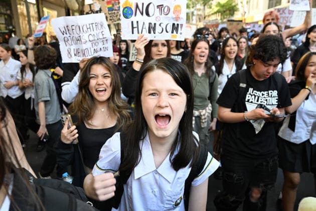 ONE NATION STUDENT PROTEST, Protestors are seen during a rally of high school and university students opposed to the policies of Pauline Hanson and One Nation at King George Square in Brisbane, Thursday, August 13, 2026. ( NO ARCHIVING BRISBANE QUEENSLAND AUSTRALIA  Copyright: xDARRENxENGLANDx 20260813174145778726