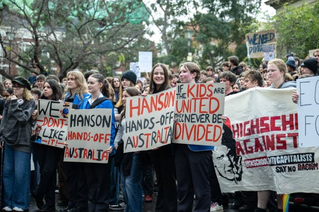 ONE NATION STUDENT PROTEST, High school and university students opposed to the policies of Pauline Hanson and One Nation protest outside State Library Victoria in Melbourne, Thursday, August 13, 2026. ( NO ARCHIVING Melbourne Victoria AUSTRALIA  Copyright: xJAYxKOGLERx 20260813122742777354