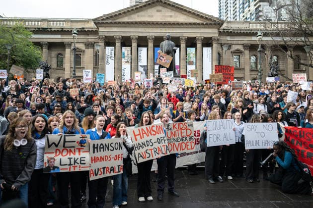 ONE NATION STUDENT PROTEST, High school and university students opposed to the policies of Pauline Hanson and One Nation protest outside State Library Victoria in Melbourne, Thursday, August 13, 2026. ( NO ARCHIVING Melbourne Victoria AUSTRALIA  Copyright: xJAYxKOGLERx 20260813130162629256