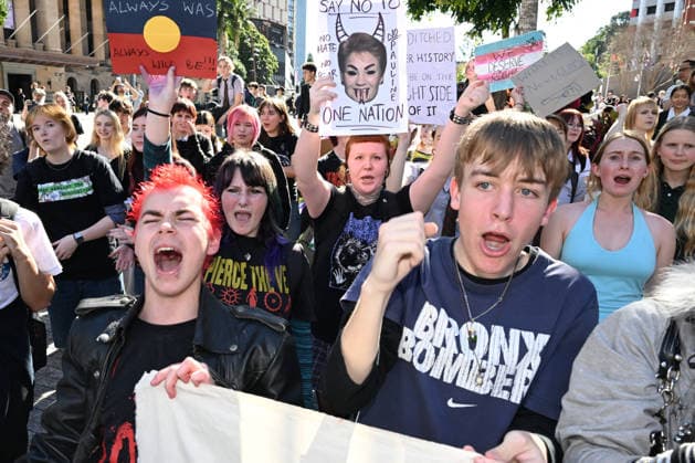 ONE NATION STUDENT PROTEST, Protestors are seen during a rally of high school and university students opposed to the policies of Pauline Hanson and One Nation at King George Square in Brisbane, Thursday, August 13, 2026. ( NO ARCHIVING BRISBANE QUEENSLAND AUSTRALIA  Copyright: xDARRENxENGLANDx 20260813152086077844