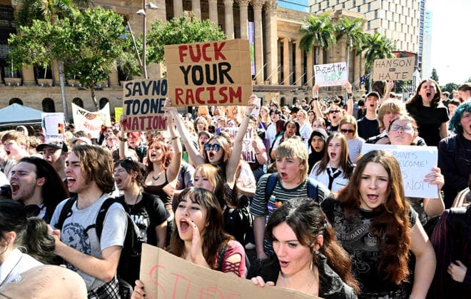 ONE NATION STUDENT PROTEST, Protestors are seen during a rally of high school and university students opposed to the policies of Pauline Hanson and One Nation at King George Square in Brisbane, Thursday, August 13, 2026. ( NO ARCHIVING BRISBANE QUEENSLAND AUSTRALIA  Copyright: xDARRENxENGLANDx 20260813139982219735