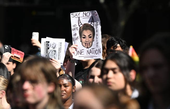 ONE NATION STUDENT PROTEST, Protestors are seen during a rally of high school and university students opposed to the policies of Pauline Hanson and One Nation at King George Square in Brisbane, Thursday, August 13, 2026. ( NO ARCHIVING BRISBANE QUEENSLAND AUSTRALIA  Copyright: xDARRENxENGLANDx 20260813127486899018