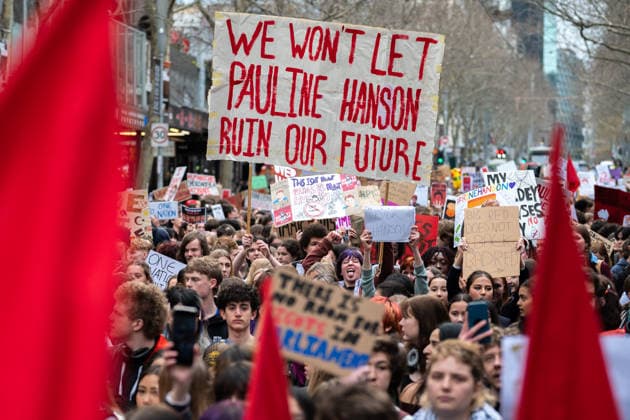 ONE NATION STUDENT PROTEST, High school and university students opposed to the policies of Pauline Hanson and One Nation march through the CBD, in Melbourne, Thursday, August 13, 2026. ( NO ARCHIVING Melbourne Victoria AUSTRALIA  Copyright: xJAYxKOGLERx 20260813132031947819