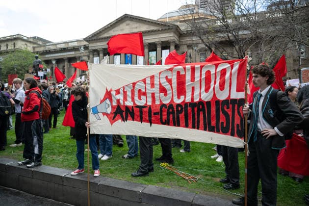 ONE NATION STUDENT PROTEST, High school and university students opposed to the policies of Pauline Hanson and One Nation protest outside State Library Victoria in Melbourne, Thursday, August 13, 2026. ( NO ARCHIVING Melbourne Victoria AUSTRALIA  Copyright: xJAYxKOGLERx 20260813152630142282