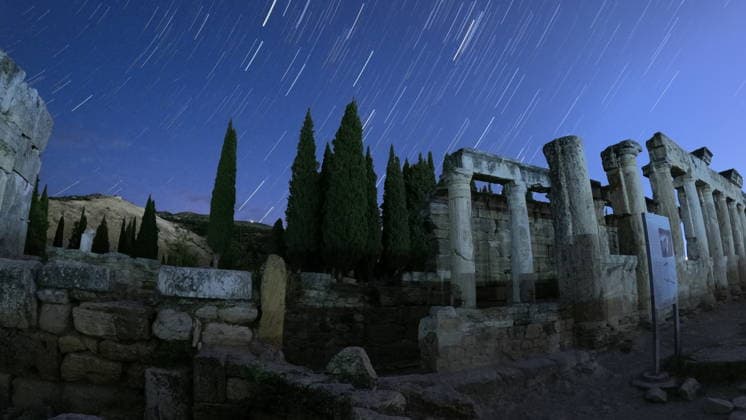 Meteor shower observed in ancient city of Hierapolis in Denizli DENIZLI, TURKIYE - AUGUST 13: Perseid meteor shower is observed over the ancient city of Hierapolis in Denizli, Turkiye on August 13, 2026. Lokman Ilhan Anadolu Denizli Turkey. Editorial use only. Please get in touch for any other usage.  Copyright: x2026xAnadoluxLokmanxIlhanx
