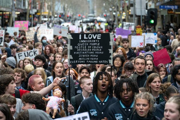 ONE NATION STUDENT PROTEST, High school and university students protesting the policies of Pauline Hanson and One Nation march through the CBD in Melbourne, Thursday, August 13, 2026. ( NO ARCHIVING Melbourne Victoria AUSTRALIA  Copyright: xJAYxKOGLERx 20260813126563149741