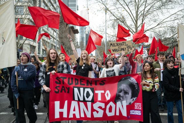 ONE NATION STUDENT PROTEST, High school and university students protesting the policies of Pauline Hanson and One Nation march through the CBD in Melbourne, Thursday, August 13, 2026. ( NO ARCHIVING Melbourne Victoria AUSTRALIA  Copyright: xJAYxKOGLERx 20260813189313783639