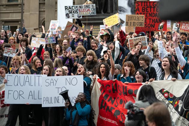 ONE NATION STUDENT PROTEST, High school and university students against the policies of Pauline Hanson and One Nation protest outside State Library Victoria in Melbourne, Thursday, August 13, 2026. ( NO ARCHIVING Melbourne Victoria AUSTRALIA  Copyright: xJAYxKOGLERx 20260813124763057576