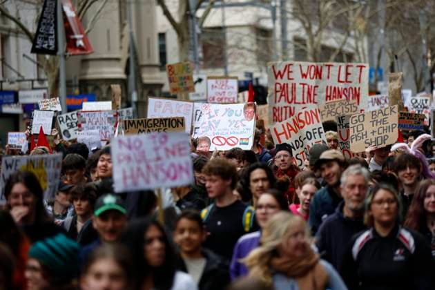 August 13, 2026, Melbourne, Victoria State, Australia: Protesters hold placards during the rally..Thousands of university and high school students marched through MelbourneÃ¢â‚¬â ¢s CBD as part of a nationwide student protest against Pauline Hanson and One Nation. Organisers said the action was aimed at opposing the partyÃ¢â‚¬â ¢s policies and political views and raising concerns about the growing support for One Nation. The protest comes as One Nation campaigns in Victoria ahead of the 2026 Victorian state election, with Hanson leading the partyÃ¢â‚¬â ¢s campaign. Melbourne Australia - ZUMAs197 20260813_aaa_s197_030 Copyright: xYexMyoxKhantx