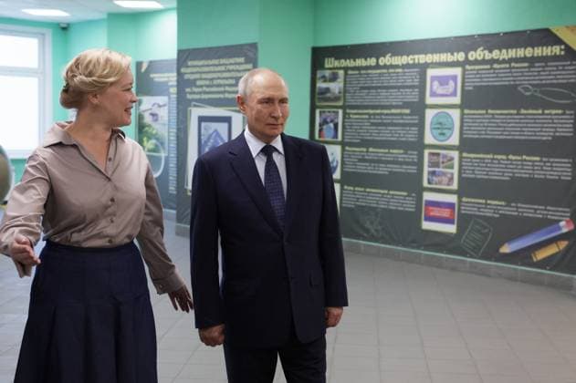 Russia Putin Far Eastern Federal District 9221359 13.08.2026 Russian President Vladimir Putin, accompanied by Sakhalin Region Education Minister Anastasia Kikteva, visits the secondary school named after Hero of Russia Eduard Norpolov in Kurilsk, Sakhalin region, Russia. Gavriil Grigorov Sputnik Kurilsk Sakhalin Region Russia  Copyright: xGavriilxGrigorovx