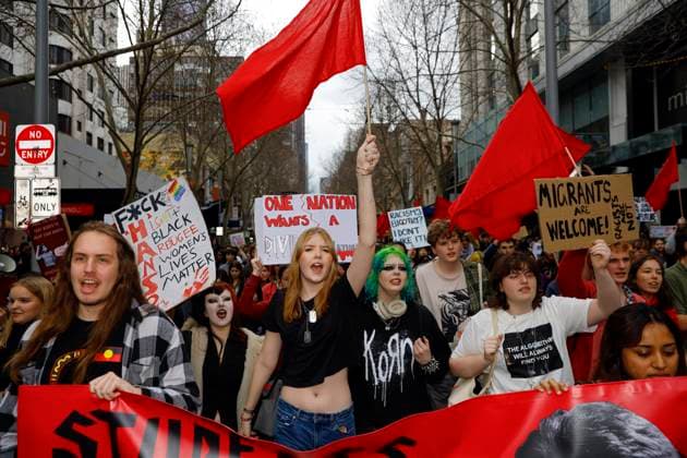 August 13, 2026, Melbourne, Victoria State, Australia: Thousands of university and high school students march during a protest..Thousands of university and high school students marched through MelbourneÃ¢â‚¬â ¢s CBD as part of a nationwide student protest against Pauline Hanson and One Nation. Organisers said the action was aimed at opposing the partyÃ¢â‚¬â ¢s policies and political views and raising concerns about the growing support for One Nation. The protest comes as One Nation campaigns in Victoria ahead of the 2026 Victorian state election, with Hanson leading the partyÃ¢â‚¬â ¢s campaign. Melbourne Australia - ZUMAs197 20260813_aaa_s197_039 Copyright: xYexMyoxKhantx