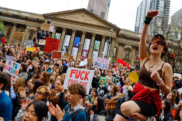 August 13, 2026, Melbourne, Victoria State, Australia: A Protester shouts slogans during the rally..Thousands of university and high school students marched through MelbourneÃ¢â‚¬â ¢s CBD as part of a nationwide student protest against Pauline Hanson and One Nation. Organisers said the action was aimed at opposing the partyÃ¢â‚¬â ¢s policies and political views and raising concerns about the growing support for One Nation. The protest comes as One Nation campaigns in Victoria ahead of the 2026 Victorian state election, with Hanson leading the partyÃ¢â‚¬â ¢s campaign. Melbourne Australia - ZUMAs197 20260813_aaa_s197_044 Copyright: xYexMyoxKhantx
