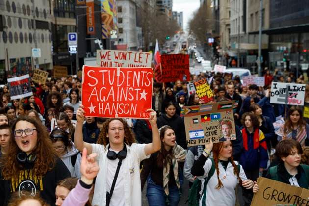August 13, 2026, Melbourne, Victoria State, Australia: Protesters hold placards during the rally..Thousands of university and high school students marched through MelbourneÃ¢â‚¬â ¢s CBD as part of a nationwide student protest against Pauline Hanson and One Nation. Organisers said the action was aimed at opposing the partyÃ¢â‚¬â ¢s policies and political views and raising concerns about the growing support for One Nation. The protest comes as One Nation campaigns in Victoria ahead of the 2026 Victorian state election, with Hanson leading the partyÃ¢â‚¬â ¢s campaign. Melbourne Australia - ZUMAs197 20260813_aaa_s197_045 Copyright: xYexMyoxKhantx