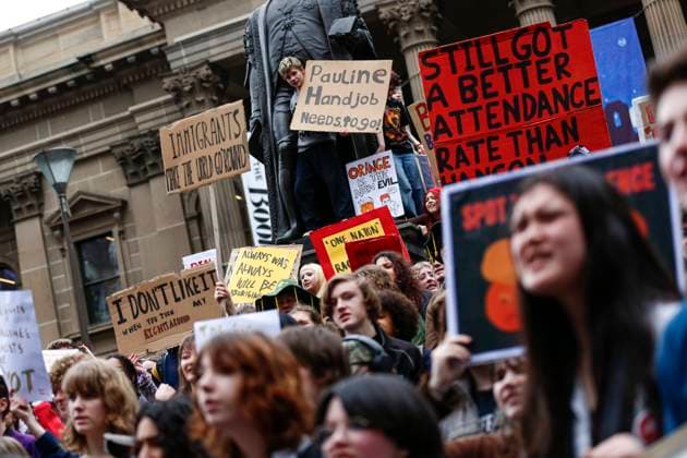August 13, 2026, Melbourne, Victoria State, Australia: Protesters hold placards during the rally..Thousands of university and high school students marched through MelbourneÃ¢â‚¬â ¢s CBD as part of a nationwide student protest against Pauline Hanson and One Nation. Organisers said the action was aimed at opposing the partyÃ¢â‚¬â ¢s policies and political views and raising concerns about the growing support for One Nation. The protest comes as One Nation campaigns in Victoria ahead of the 2026 Victorian state election, with Hanson leading the partyÃ¢â‚¬â ¢s campaign. Melbourne Australia - ZUMAs197 20260813_aaa_s197_051 Copyright: xYexMyoxKhantx