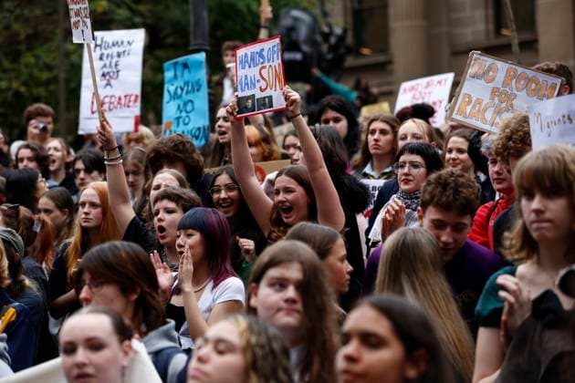 August 13, 2026, Melbourne, Victoria State, Australia: A Protester shouts slogans during the rally..Thousands of university and high school students marched through MelbourneÃ¢â‚¬â ¢s CBD as part of a nationwide student protest against Pauline Hanson and One Nation. Organisers said the action was aimed at opposing the partyÃ¢â‚¬â ¢s policies and political views and raising concerns about the growing support for One Nation. The protest comes as One Nation campaigns in Victoria ahead of the 2026 Victorian state election, with Hanson leading the partyÃ¢â‚¬â ¢s campaign. Melbourne Australia - ZUMAs197 20260813_aaa_s197_049 Copyright: xYexMyoxKhantx