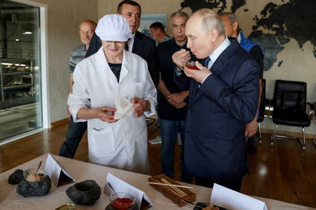 RUSSIA, SAKHALIN REGION - AUGUST 13, 2026: Valery Limarenko (L middle), Sakhalin Region Governor, and Vladimir Putin (R front), President of Russia, taste caviar on their visit to the Yasny Clear fish processing plant owned by Gidrostroy and situated on Iturup Island, with Alexander Verkhovsky (C), President of Gidrostroy, in the background. Gavriil Grigorov Russian Presidential Press and Information Office TASS  96092649