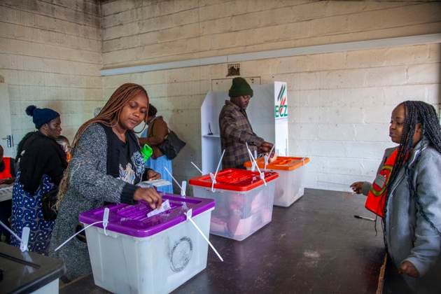 (260813) -- LUSAKA, Aug. 13, 2026 -- Voters cast their ballots at a polling station in Lusaka, Zambia, on Aug. 13, 2026. Zambia held general elections on Thursday, with about 8.7 million registered voters casting ballots for president, National Assembly members and local representatives. (Photo by Xinhua) ZAMBIA-GENERAL ELECTIONS-VOTING MartinxMbangweta 