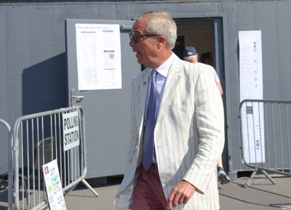August 13, 2026, Clacton-On-Sea, Essex, UK: Clacton-On-Sea, UK. Reform UK leader, Nigel Farage, casts his vote at a polling station in Clacton-On-Sea, Essex. Nigel Farage has resigned his seat and has been campaigning to be re-elected in the Clacton constituency at the by-election, which takes place today. Clacton-On-Sea UK  - ZUMAl94_ 20260813_zaf_l94_026 Copyright: xJacquelinexLawriex
