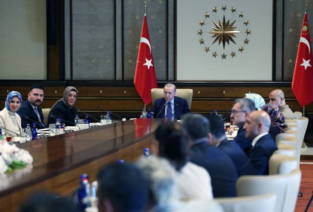 Turkish President Recep Tayyip Erdogan ANKARA, TURKIYE - AUGUST 13: (----EDITORIAL USE ONLY - MANDATORY CREDIT - TURKISH PRESIDENCY MURAT KULA HANDOUT - NO MARKETING NO ADVERTISING CAMPAIGNS - DISTRIBUTED AS A SERVICE TO CLIENTS----) Turkish President Recep Tayyip Erdogan receives the families of martyrs at the Presidential Complex in Ankara, Turkiye on August 13, 2026. Turkish Presidency Murat Kula Anadolu Ankara Turkey. Editorial use only. Please get in touch for any other usage.  Copyright: x2026xAnadoluxTurkishxPresidency xMuratxKulax