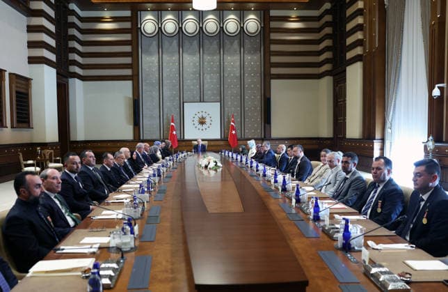 Turkish President Recep Tayyip Erdogan ANKARA, TURKIYE - AUGUST 13: (----EDITORIAL USE ONLY - MANDATORY CREDIT - TURKISH PRESIDENCY MURAT KULA HANDOUT - NO MARKETING NO ADVERTISING CAMPAIGNS - DISTRIBUTED AS A SERVICE TO CLIENTS----) Turkish President Recep Tayyip Erdogan receives the families of martyrs at the Presidential Complex in Ankara, Turkiye on August 13, 2026. Turkish Presidency Murat Kula Anadolu Ankara Turkey. Editorial use only. Please get in touch for any other usage.  Copyright: x2026xAnadoluxTurkishxPresidency xMuratxKulax