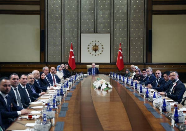 Turkish President Recep Tayyip Erdogan ANKARA, TURKIYE - AUGUST 13: (----EDITORIAL USE ONLY - MANDATORY CREDIT - TURKISH PRESIDENCY MURAT KULA HANDOUT - NO MARKETING NO ADVERTISING CAMPAIGNS - DISTRIBUTED AS A SERVICE TO CLIENTS----) Turkish President Recep Tayyip Erdogan receives the families of martyrs at the Presidential Complex in Ankara, Turkiye on August 13, 2026. Turkish Presidency Murat Kula Anadolu Ankara Turkey. Editorial use only. Please get in touch for any other usage.  Copyright: x2026xAnadoluxTurkishxPresidency xMuratxKulax