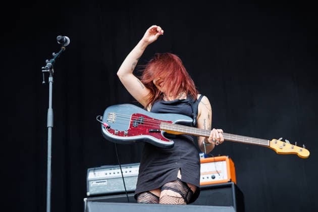 Lambrini Girls live at Oyafestivalen 2026 Oslo, Norway. 13th, August 2026. The English punk rock band Lambrini Girls performs a live concert during the Norwegian music festival Oyafestivalen 2026 in Oslo. Here bass player Selin Macieira-BoÅügelmez is seen live on stage. Norway, Oslo  Copyright: xGonzalesxPhoto KetilxMartinsenx