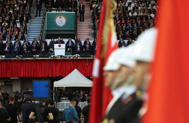 Turkish President Recep Tayyip Erdogan ANKARA, TURKIYE - AUGUST 13: (----EDITORIAL USE ONLY - MANDATORY CREDIT - TURKISH PRESIDENCY MURAT KULA HANDOUT - NO MARKETING NO ADVERTISING CAMPAIGNS - DISTRIBUTED AS A SERVICE TO CLIENTS----) Turkish President Recep Tayyip Erdogan delivers a speech during Gendarmerie and Coast Guard Academy Graduation Ceremony at Gendarmerie and Coast Guard Academy in Beytepe district of Ankara, Turkiye on August 13, 2026. Turkish Presidency Murat Kula Anadolu Ankara Turkey. Editorial use only. Please get in touch for any other usage.  Copyright: x2026xAnadoluxTurkishxPresidencyx xMuratxKulax