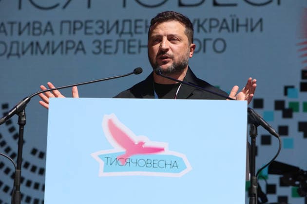 President of Ukraine Volodymyr Zelenskyy addresses participants in the final stage of selection for the National Tysiachovesna Initiative during a working visit to Ivano-Frankivsk, Ukraine, August 13, 2026. The Tysiachovesna (Thousand Springs) Initiative of the President of Ukraine is implemented by the Ministry of Culture and the Office of the President. It is designed to foster the creation of new, high-quality Ukrainian cultural products, with up to UAH 4 billion in state support allocated for its implementation. (Photo by Yurii Rylchuk Ukrinform) Ukrainian President addresses finalists of National Tysiachovesna Initiative  Copyright: xYuriixRylchukx