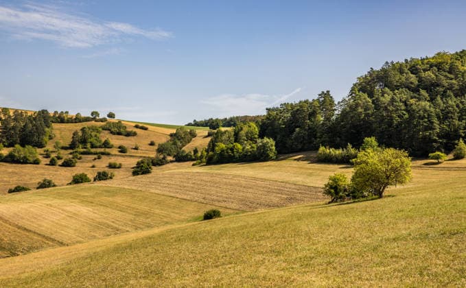Dry hilly landscape with harvested fields and wooded slopes in h Untermettingen, Germany - 9th Aug 2026: View of the dried-out cultural landscape with stubble fields, tree groups and forest edges during a heat period. The persistent summer drought shapes the agricultural land in the rolling hills. *** Dry, hilly landscape with harvested fields and wooded slopes in Untermettingen, Germany, August 9, 2026. View of the parched cultural landscape with stubble fields, clusters of trees, and forest edges during a heat wave. The persistent summer drought is reshaping the agricultural land in the rolling hills. Copyright: xAndreasxHaasx