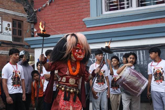 Traditional Lakhe Dance Marks Gathamuga Festival in Patan PATAN, NEPAL AUGUST 13, 2026: Performers stage the traditional Mi Pwa Lakhe (fire-blowing Lakhe dance) in Saugal, Patan, during cultural celebrations marking the Gathamuga festival. The annual festival features traditional rituals and performances as local communities celebrate one of the Kathmandu Valley™s longstanding Newar cultural traditions. lalitpur Nepal Copyright: x xShankarxBhujelx xJNAxPressx