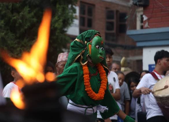 Traditional Lakhe Dance Marks Gathamuga Festival in Patan PATAN, NEPAL AUGUST 13, 2026: Performers stage the traditional Mi Pwa Lakhe (fire-blowing Lakhe dance) in Saugal, Patan, during cultural celebrations marking the Gathamuga festival. The annual festival features traditional rituals and performances as local communities celebrate one of the Kathmandu Valley™s longstanding Newar cultural traditions. lalitpur Nepal Copyright: x xShankarxBhujelx xJNAxPressx