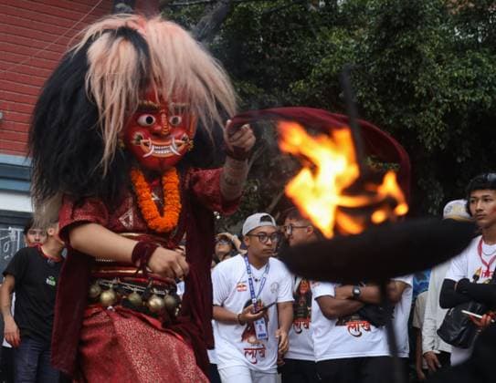 Traditional Lakhe Dance Marks Gathamuga Festival in Patan PATAN, NEPAL AUGUST 13, 2026: Performers stage the traditional Mi Pwa Lakhe (fire-blowing Lakhe dance) in Saugal, Patan, during cultural celebrations marking the Gathamuga festival. The annual festival features traditional rituals and performances as local communities celebrate one of the Kathmandu Valley™s longstanding Newar cultural traditions. lalitpur Nepal Copyright: x xShankarxBhujelx xJNAxPressx
