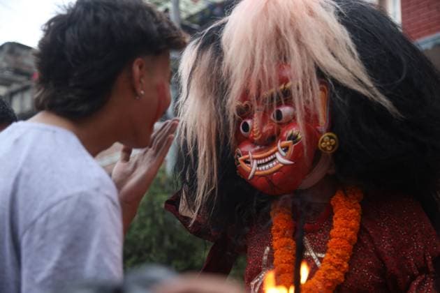 Traditional Lakhe Dance Marks Gathamuga Festival in Patan PATAN, NEPAL AUGUST 13, 2026: Performers stage the traditional Mi Pwa Lakhe (fire-blowing Lakhe dance) in Saugal, Patan, during cultural celebrations marking the Gathamuga festival. The annual festival features traditional rituals and performances as local communities celebrate one of the Kathmandu Valley™s longstanding Newar cultural traditions. lalitpur Nepal Copyright: x xShankarxBhujelx xJNAxPressx