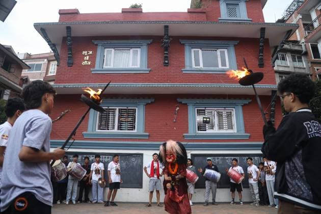 Traditional Lakhe Dance Marks Gathamuga Festival in Patan PATAN, NEPAL AUGUST 13, 2026: Performers stage the traditional Mi Pwa Lakhe (fire-blowing Lakhe dance) in Saugal, Patan, during cultural celebrations marking the Gathamuga festival. The annual festival features traditional rituals and performances as local communities celebrate one of the Kathmandu Valley™s longstanding Newar cultural traditions. lalitpur Nepal Copyright: x xShankarxBhujelx xJNAxPressx