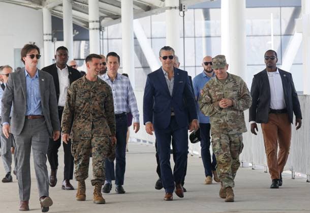 US and Panamanian forces conduct joint maritime operations during PANAMAX 2026 exercise PANAMA CITY, PANAMA - AUGUST 13: US Secretary of Defense Pete Hegseth stands alongside U.S. and partner nation personnel during the PANAMAX 2026 joint security exercise in Panama on August 13, 2026. Held live and in the field for the first time since 2012, the 11-day multinational exercise brought together forces from the U.S., Panama, and 17 partner nations to conduct maritime drills, air assault missions, cyber defense, and special operations training aimed at protecting the Panama Canal and countering regional security threats. Daniel Gonzalez Anadolu Panama City Panama. Editorial use only. Please get in touch for any other usage.  Copyright: x2026xAnadoluxDanielxGonzalezx