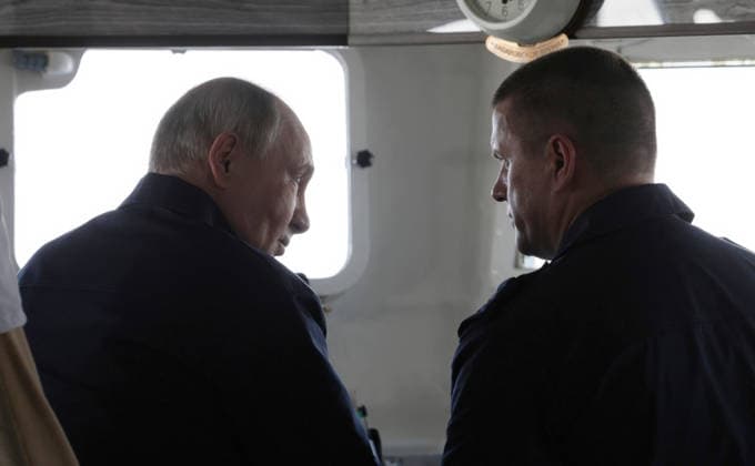 August 13, 2026, Korsakov, Sakhalin Oblast, Russia: Russian President Vladimir Putin, alongside Pacific Fleet Commander-in-Chief Admiral Viktor Liina, right, observe the Pacific Fleet naval exercises from the bridge of the Russian Navy Slava-class missile cruiser RF Varyag, August 12, 2026 off the coast of Sakhalin Island, Russia. Korsakov Russia - ZUMAp138 20260813_zaa_p138_006 Copyright: xGavriilxGrigorov RussianxGovernmx