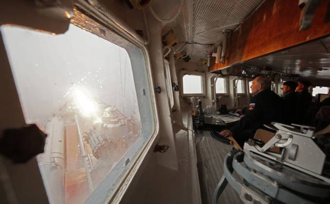 August 13, 2026, Korsakov, Sakhalin Oblast, Russia: Russian President Vladimir Putin, observes the Pacific Fleet naval exercises from the bridge of the Russian Navy Slava-class missile cruiser RF Varyag, August 12, 2026 off the coast of Sakhalin Island, Russia. Korsakov Russia - ZUMAp138 20260813_zaa_p138_009 Copyright: xGavriilxGrigorov RussianxGovernmx