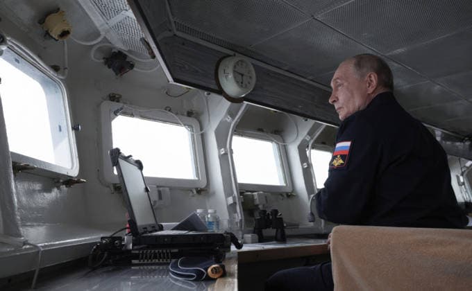 August 13, 2026, Korsakov, Sakhalin Oblast, Russia: Russian President Vladimir Putin, observes the Pacific Fleet naval exercises from the bridge of the Russian Navy Slava-class missile cruiser RF Varyag, August 12, 2026 off the coast of Sakhalin Island, Russia. Korsakov Russia - ZUMAp138 20260813_zaa_p138_010 Copyright: xGavriilxGrigorov RussianxGovernmx